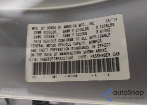 2014 Honda Accord Lx z USA, uszkodzony, nr VIN 1HGCR2F36EA227146